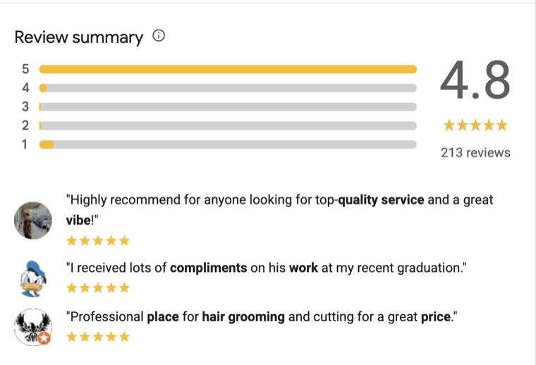 Kongo Barbershop Google reviews — 4.8 stars, 213 reviews